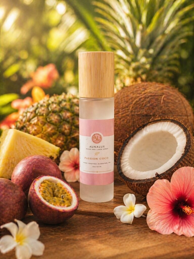 “Aunalux Passion Coco room and linen spray bottle with bamboo lid surrounded by coconut, pineapple, passion fruit, and tropical flowers in a bright tropical setting”
