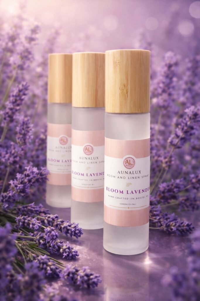Three Aunalux Bloom Lavender room and linen spray bottles with bamboo lids displayed on a wooden surface with fresh lavender flowers